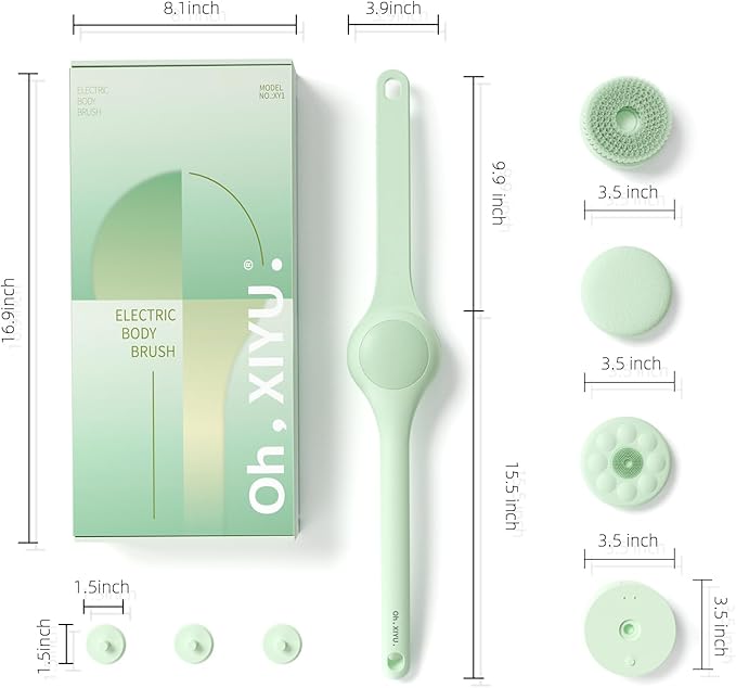 Oh,XIYU. Electric Body Brush Back Scrubber for Shower, Waterproof Long Dual Handle Body Scrubber with 3 Heads, Bath Brush & 2 Speeds, for Cleansing, Exfoliating and Massaging Skin, Pale Cypress Green