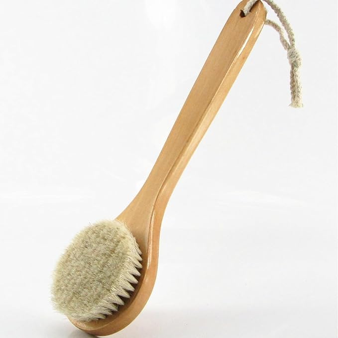HiKin 11.8 Inch Long Wooden Handle Dry Body Brush Back Scrubber, Bath Shower Brush Scrubber with Soft Horsehair Mane Natural Bristles, Good for Cellulite, Detox, Exfoliating, Blood Circulation,etc.