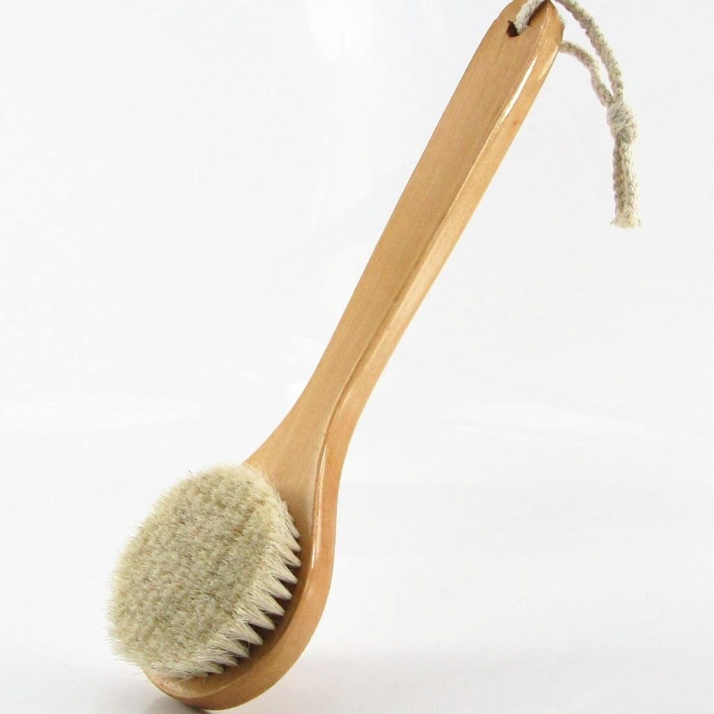 HiKin 11.8 Inch Long Wooden Handle Dry Body Brush Back Scrubber, Bath Shower Brush Scrubber with Soft Horsehair Mane Natural Bristles, Good for Cellulite, Detox, Exfoliating, Blood Circulation,etc.