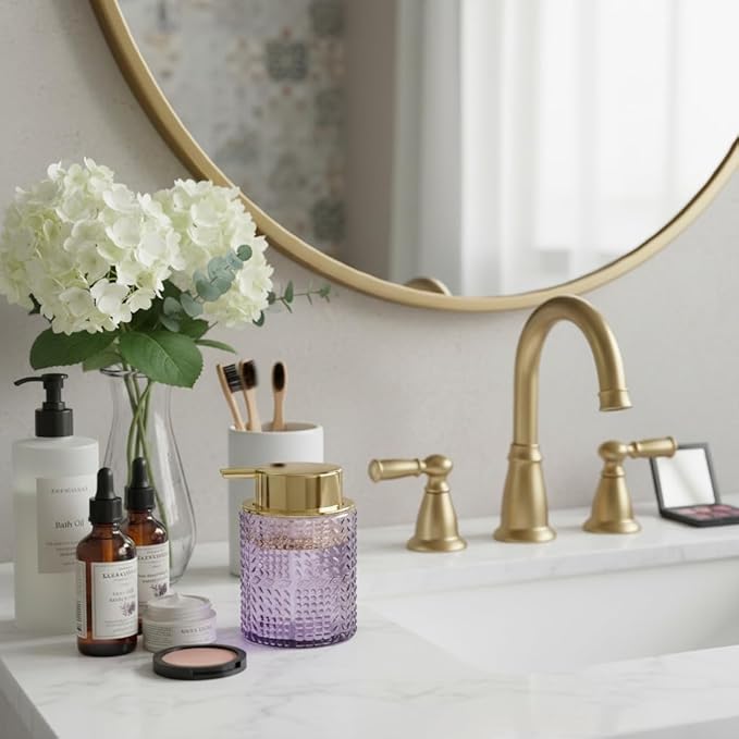 Fvstar Foaming Soap Dispenser, Purple Glass Foam Soap Dispenser with Gold Pump, Refillable 10oz Lotion Liquid Container Pump Bottle for Bathroom Kitchen Countertop