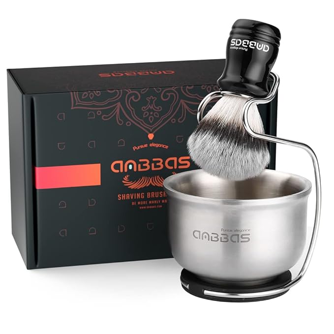 Anbbas Synthetic Badger Hair Shaving Brush,Stainless Steel Shaving Soap Bowl and Higher Brush Holder Stand Set for Men Wet Shave