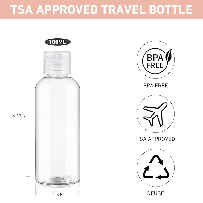 Wowang Travel Bottles for Toiletries 3.4oz 4 Pack TSA Approved Leak-Proof Travel Size Containers Squeezable Empty Plastic Toiletry Bottles for Shampoo, Conditioner, Body Wash (Clear)