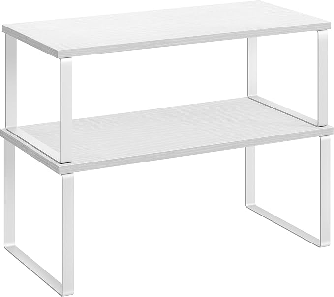 SONGMICS Cabinet Organizer Shelf, Set of 2 Kitchen Counter Shelves, Kitchen Storage, Spice Rack, Stackable, Expandable, Metal and Engineered Wood, 15.6 Inches, Cloud White and Snow White UKCS025W01