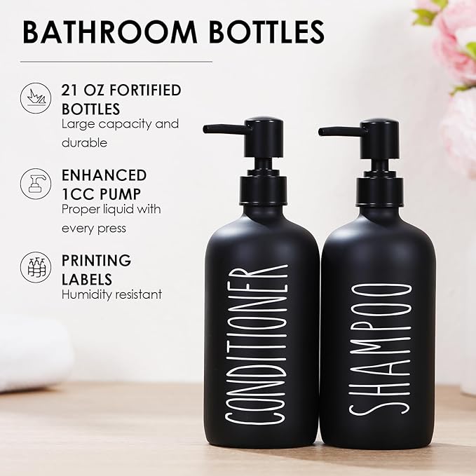 HOMCDALY Shampoo and Conditioner Dispenser Set of 3, 21oz Shower Soap Bottles with Pump, Refillable Shampoo Conditioner Body Wash Dispenser, Bathroom Shower Shampoo Bottles, shampoo container(P-Black)