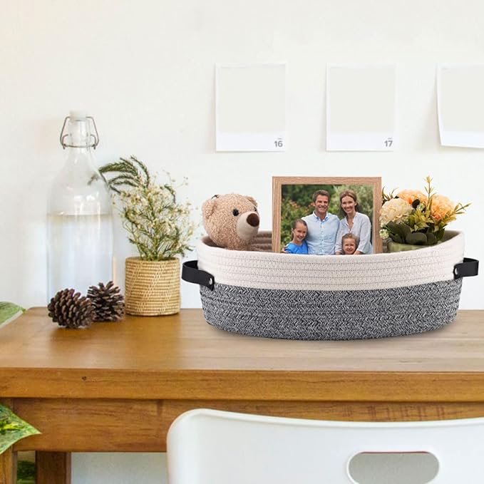 Oradrem 2 Pack Small Cotton Rope Woven Basket Toilet Paper Baskets for Organizing Decorative Basket for Boho Decor Small Storage Basket 13"x5.9"x4" Variegated Gray&White