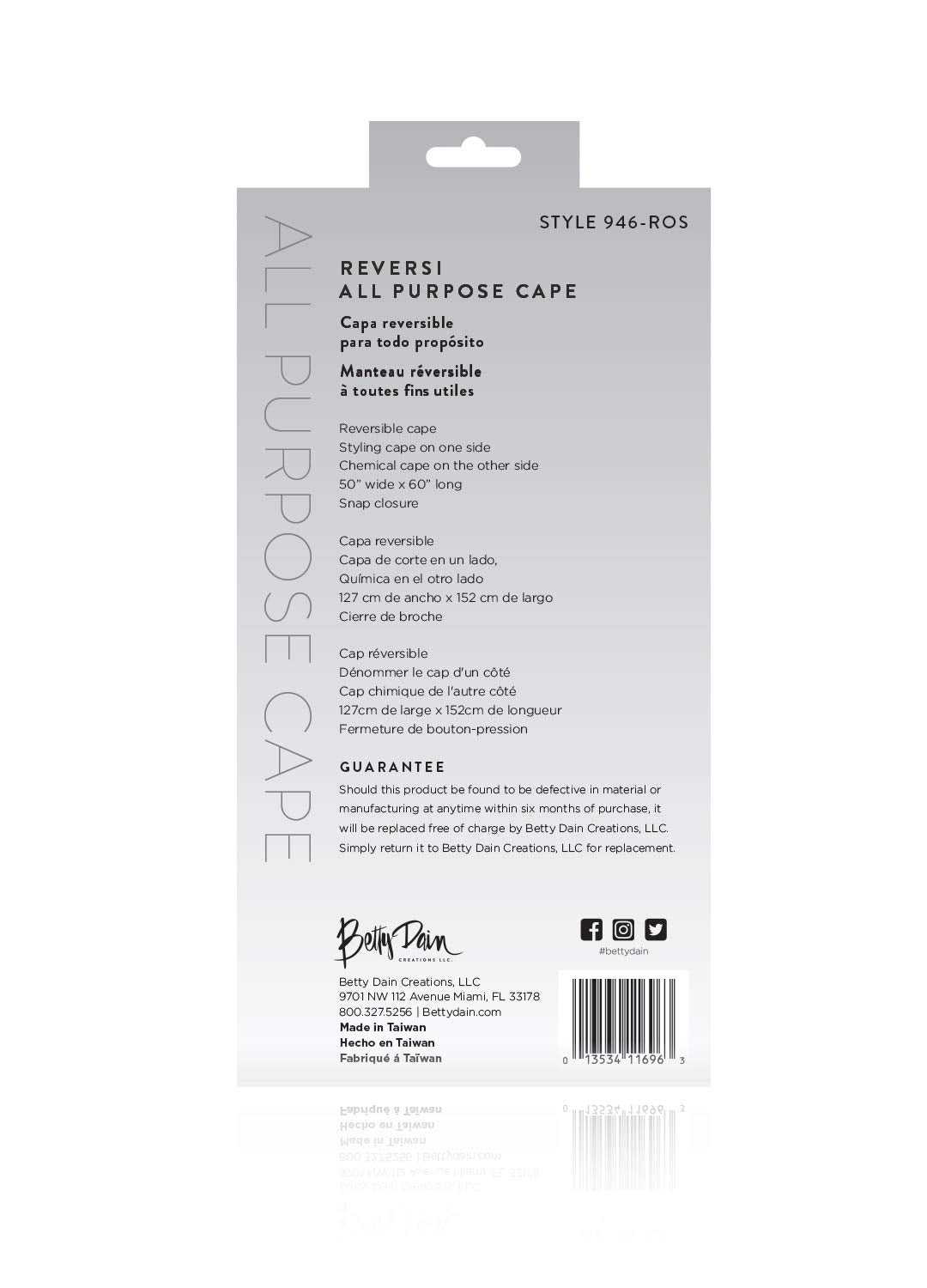 Betty Dain Reversi Reversible Coloring/Styling Cape, Two-Sided Cape, Black Side Has Chemical Proof Finish for Processing, Snap Closure at Neck, 50 x 60 Inches, Rose