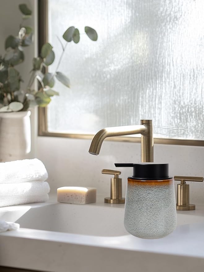 INGOFIN Ceramic Foaming Soap Dispenser -12oz Foam Hand Soap Dispenser Bathroom, Modern Refillable Dish Wash Soap Bottle for Kitchen with Large Pump,Kiln-Glazed Grey White