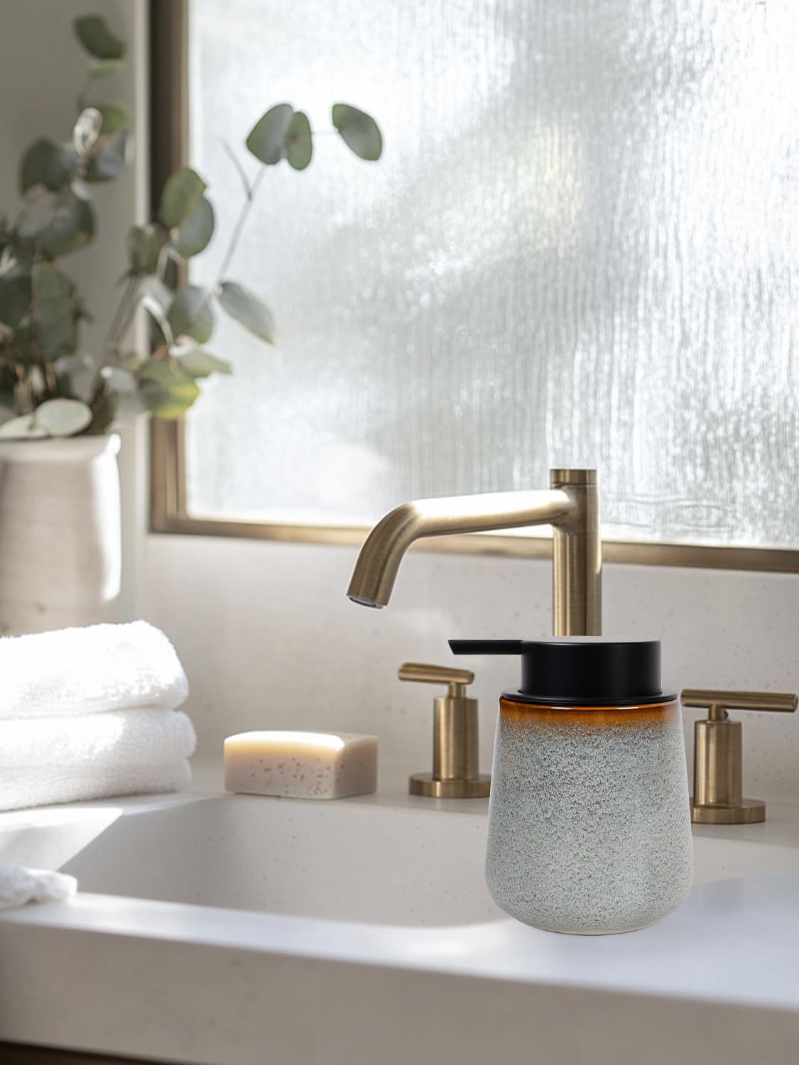 INGOFIN Ceramic Foaming Soap Dispenser -12oz Foam Hand Soap Dispenser Bathroom, Modern Refillable Dish Wash Soap Bottle for Kitchen with Large Pump,Kiln-Glazed Grey White