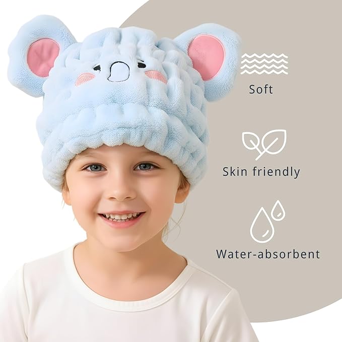 LCBD Microfiber Hair Towel Wrap for Kids, Blue Elephant Dry Hair Cap Suck Water, Absorbent Quick Girls Boys Hair Drying Towel, Lightweight Bouncy Hat Headscarf