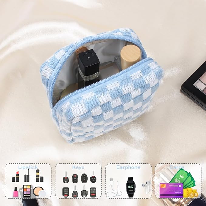 Small Blue Makeup Bag for Purse, Mini Checkered Cosmetic Bag Zipper Cute Make Up Pouch Travel Toiletry Case Quilted Aesthetic Accessories Makeup Storage Bag Organizer for Women