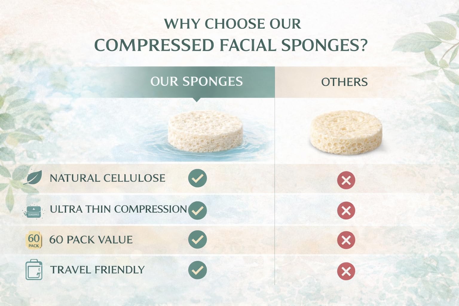 Compressed Facial Sponges 60 Pack – Natural Cellulose Facial Sponge for Cleansing, Makeup Removal, Exfoliating, Face Wash, Esthetician Spa Use (White)