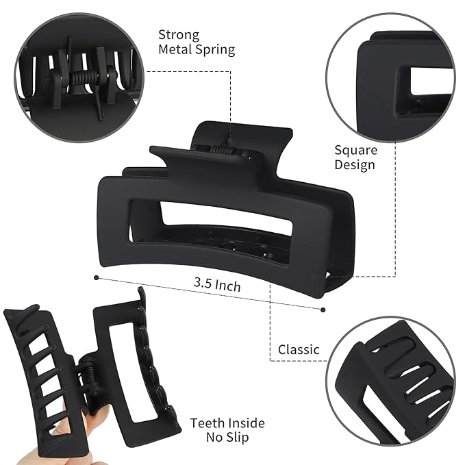 Sisiaipu 3.5 Inch Medium Hair Claw Clips 12 Pcs Square Claw for Thick and Thin Hair Rectangular Rectangle Hair Clips Jaw Clips Bulk Hair Accessories for women and Girls (Black)