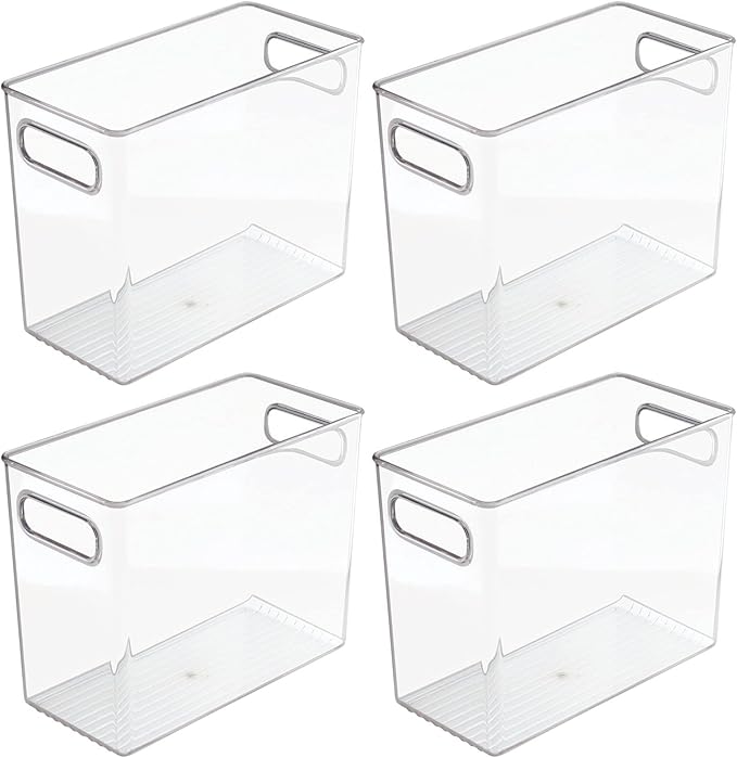 mDesign Tall Modern Stackable Plastic Storage Organizer Bin Basket with Handles for Bathroom Vanity Organization - Shelf, Cubby, Cabinet, or Closet Organizing Decor - Ligne Collection - 4 Pack - Clear