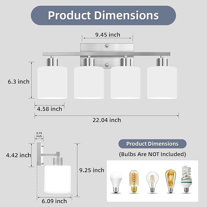CANMEIJIA 4-Light Bathroom Vanity Light Fixtures with Brushed Nickel, Modern Vanity Lighting for Bedroom Living Room, Vanity Lights with Milky White Glass Shades, E26 Socket, Bulbs Not Included