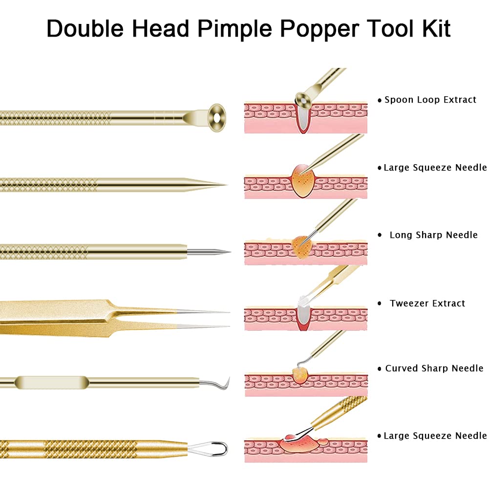 Pimple Popper Tool Kit 6 Pcs Blackhead Remover Acne Needle Tools Set Removing Treatment Comedone Whitehead Popping Zit for Nose Face Skin Blemish Extractor Tool - Gold