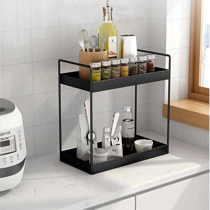 KINGBERWI 2 Tier Bathroom Counter Organizer, Standing Vanity Organizer Shelf for Bathroom Storage Organization, Countertop Skincare Makeup Organizers Holder, Black