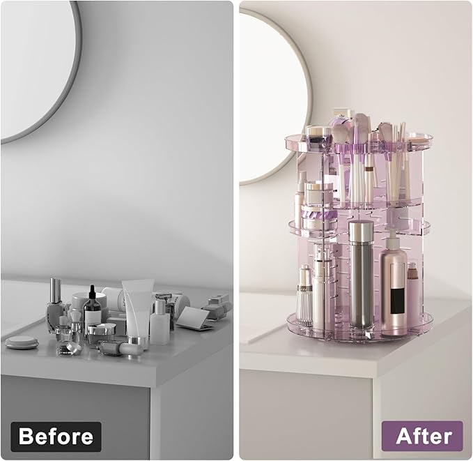 Rotating Makeup Organizer, DIY 8 Adjustable Layers Spinning Skincare Storage, Cosmetic Display Case with Brush Holder and Perfume Tray, Multi-Function Vanity Bathroom Countertop Organizer Clear Purple