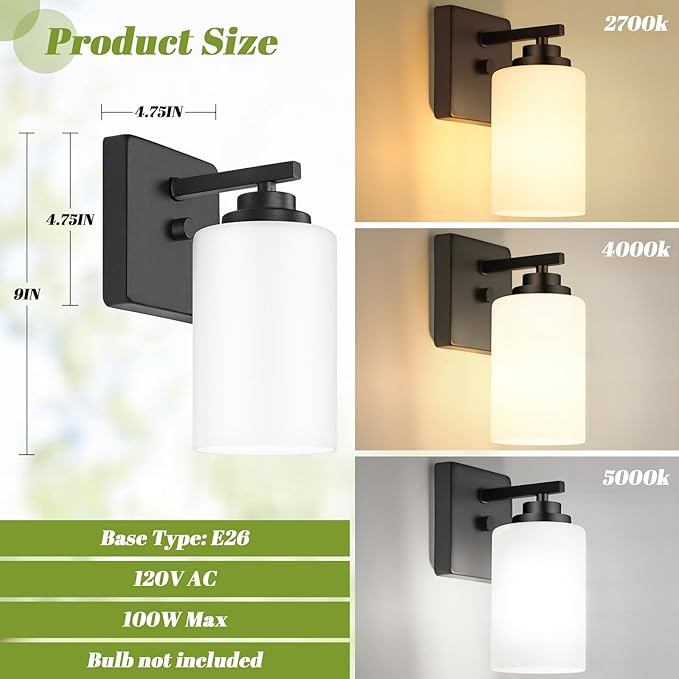 VerRon Wall Sconces Set of 2 with White Glass Shade for Bathroom