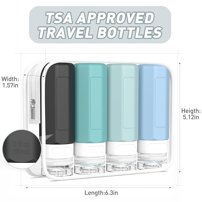 Redfly Travel Bottles for Toiletries, Tsa Approved 3oz Travel Size Containers, Leak Proof Travel Size Toiletries Bottles Silicone, BPA Free Refillable Shampoo Conditioners Essentials Kit, Gray