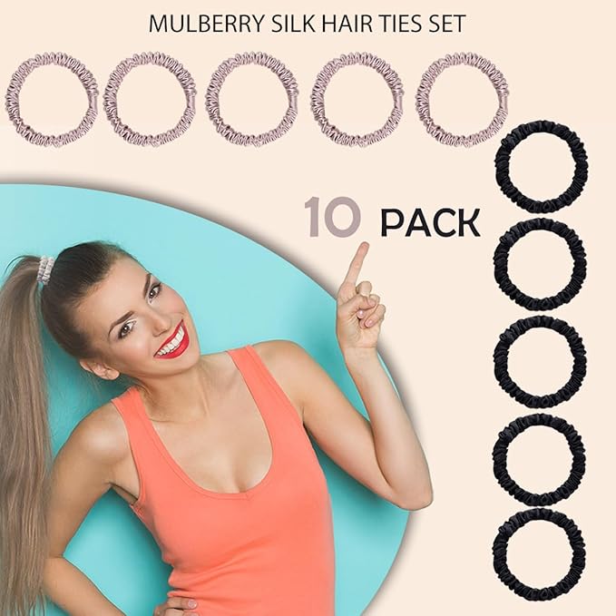 22 Momme 100% Pure Mulberry Silk Scrunchies (10 PCS) - Small Hair Elastics and Ties for Women Sleep, Hair Care No Damage, Black*5+Lotus Pink*5