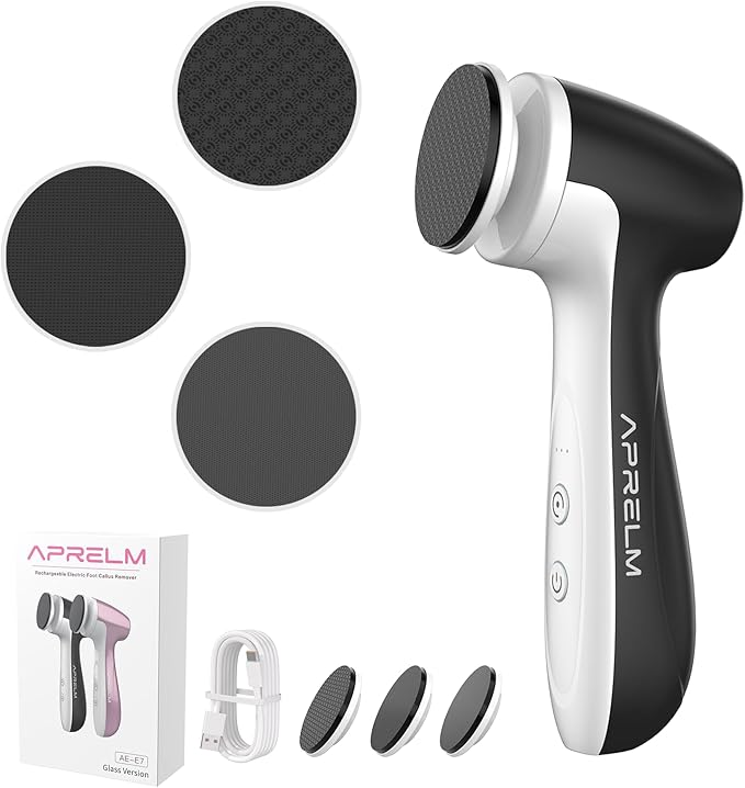 APRELM Rechargeable Electric Foot Callus Remover with 3 Glass Grinding Heads, Professional 1000RPM 3-Speed Control Electric Foot File (E7 Black Glass Version)
