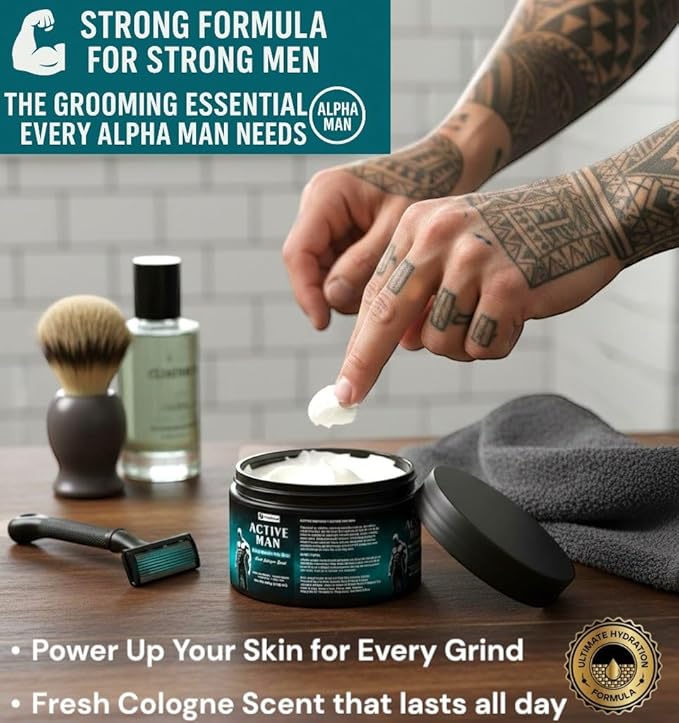 Body Butter for Men, Active Man Fast-Absorbing Deep Moisturizer with Natural Ingredients, Refreshing Scent, Ultimate Hydration Formula. Cologne scented.
