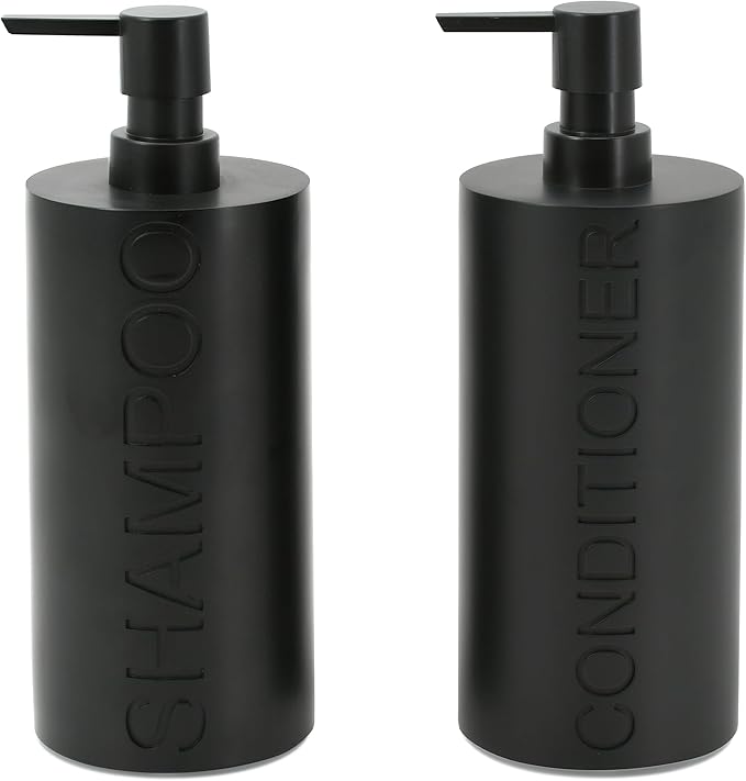 2-Pack Matte Black Resin Refillable Shampoo & Conditioner Bottles – Modern Bathroom Pump Dispenser Set, Durable Resin Shower Containers with Embossed Labels, Reusable Pump Bottle