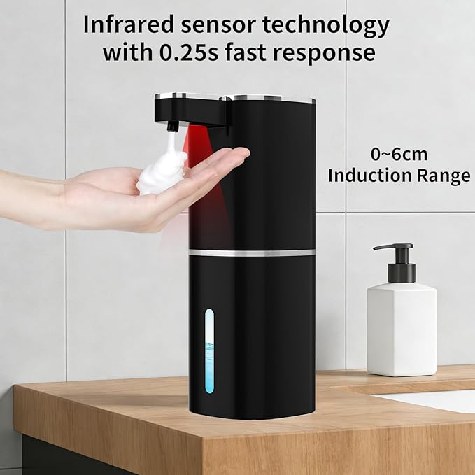 Automatic Foaming Soap Dispenser, Touchless Rechargeable Hand Soap Dispenser, 4 Adjustable Levels, 1200mAh Battery, Large Display, for Kitchen & Bathroom (Black, Foaming)