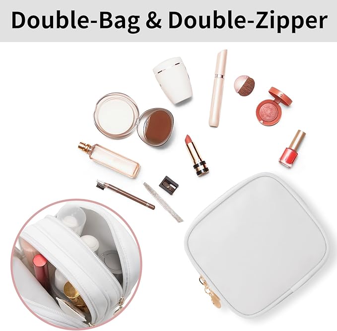 XIAOLER Small Makeup Pouch, Double Zipper Cosmetic Bag, Travel Makeup Bag, Cute Makeup Bag for Purse, Mini Toiletry Bag (White)