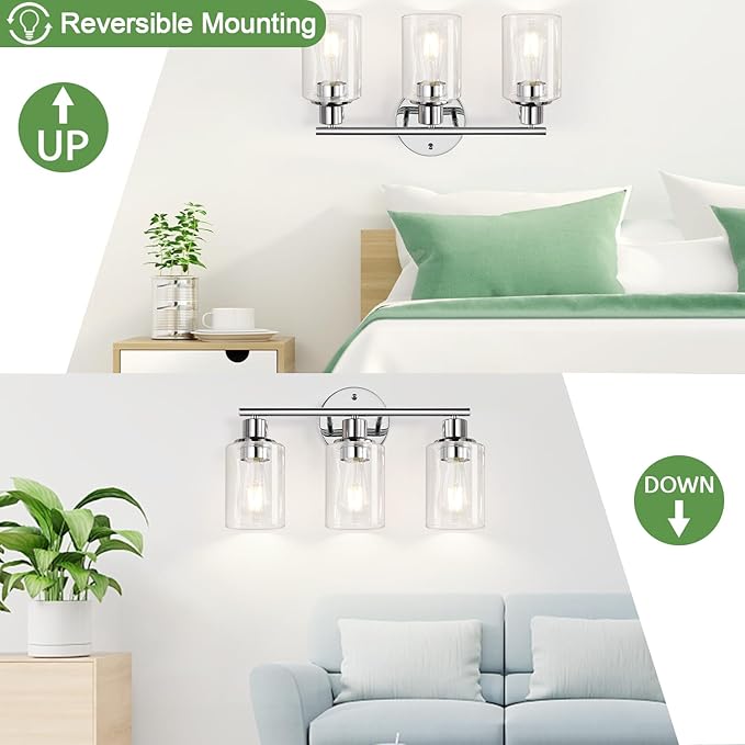 Zarbitta 3-Light Bathroom Light Fixtures, Chrome Bathroom Wall Light with Clear Glass Shade, Bathroom Wall Lamp for Mirror Kitchen Living Room Hallway Cabinet