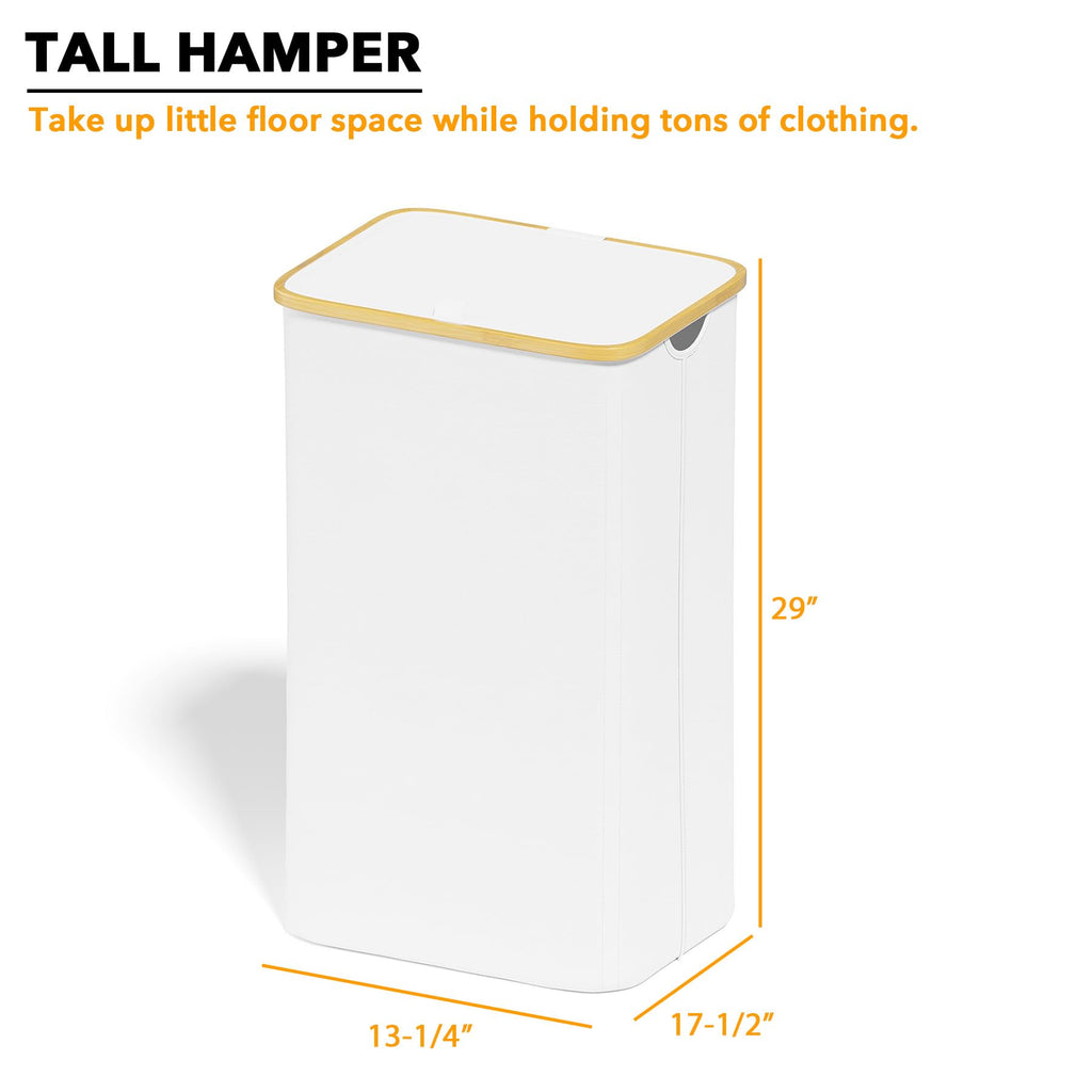 SpaceAid Laundry Hamper with Lid, 110L Large Tall Clothes Basket Bin with Bamboo Handles, Collapsible Laundry Hamper for Bedroom, Bathroom, Dorm, Laundry Room - White