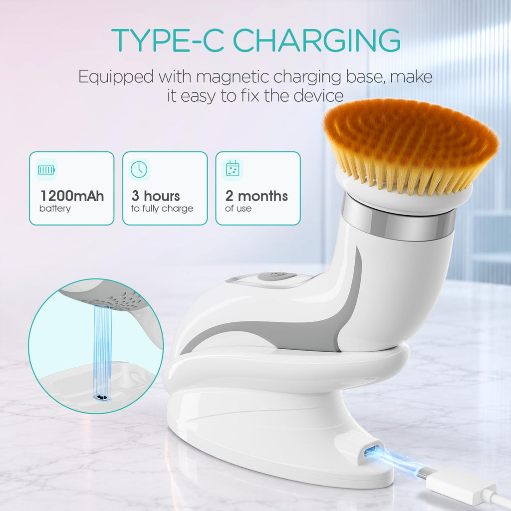 VOGOE Facial Cleansing Brush-Spin Face Scrubber Exfoliator Rechargeable, 2-Speed Rotation, Electric Face Wash Brushes for Cleansing and Exfoliating, with 2 Brush Heads, Grey