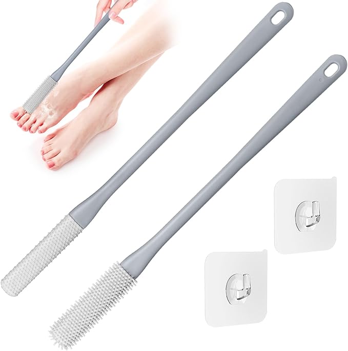 2 Pack Toe Cleaning Brush,15.7" Long Handle Silicone Foot Scrubber Bath Brush Bathroom Cleaner for Seniors Elderly Men and Women (Grey)