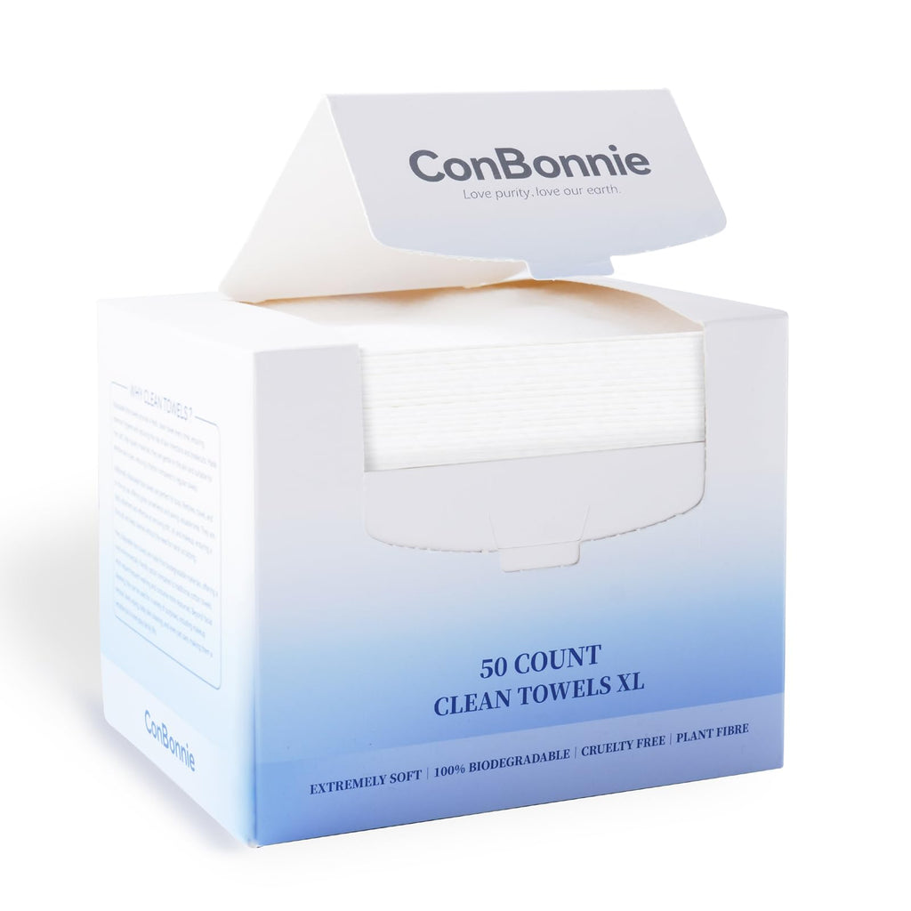 Conbonnie Clean Face Towels XL, 10"×12" Biobased Facial Towels, Disposable Face Towelette, Makeup Remover Dry Wipes, Extra Thick and Soft for Skin Care, Clean Skin, 50 Count (1 Pack)