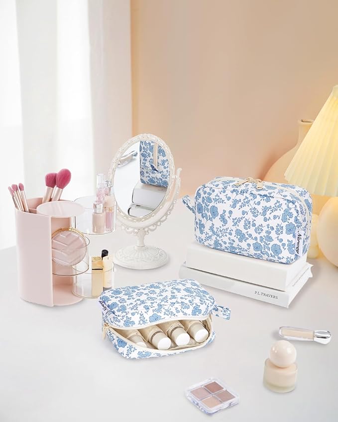 Narwey Cute Makeup Bag Small Toiletry Bag Travel Cosmetic Bag Organizer Make Up Bags with Organized Pockets for Women (Blue Flower, Large)