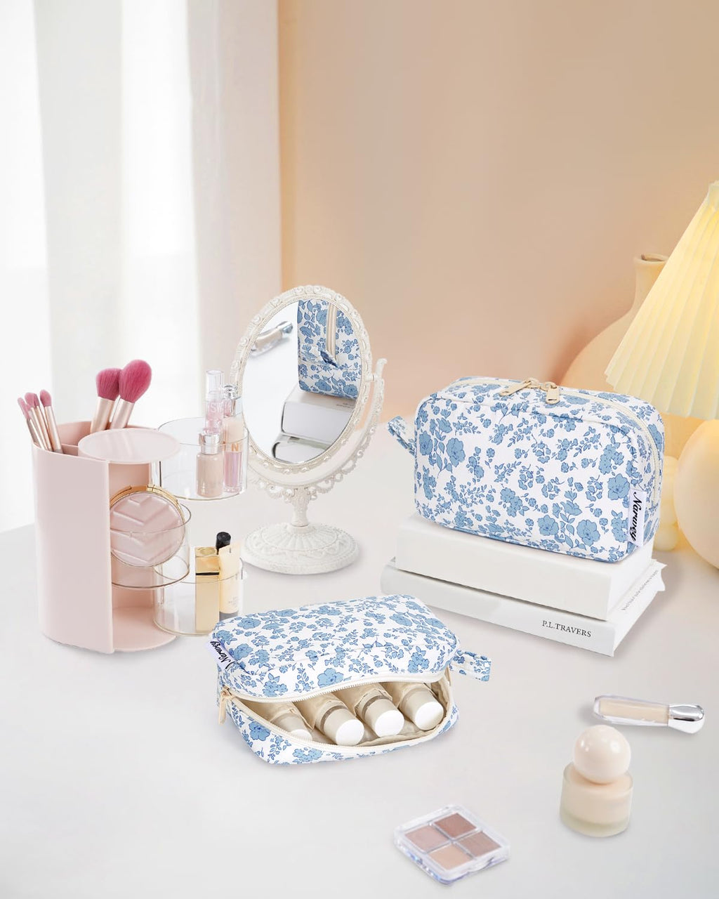 Narwey Cute Makeup Bag Small Toiletry Bag Travel Cosmetic Bag Organizer Make Up Bags with Organized Pockets for Women (Blue Flower, Large)