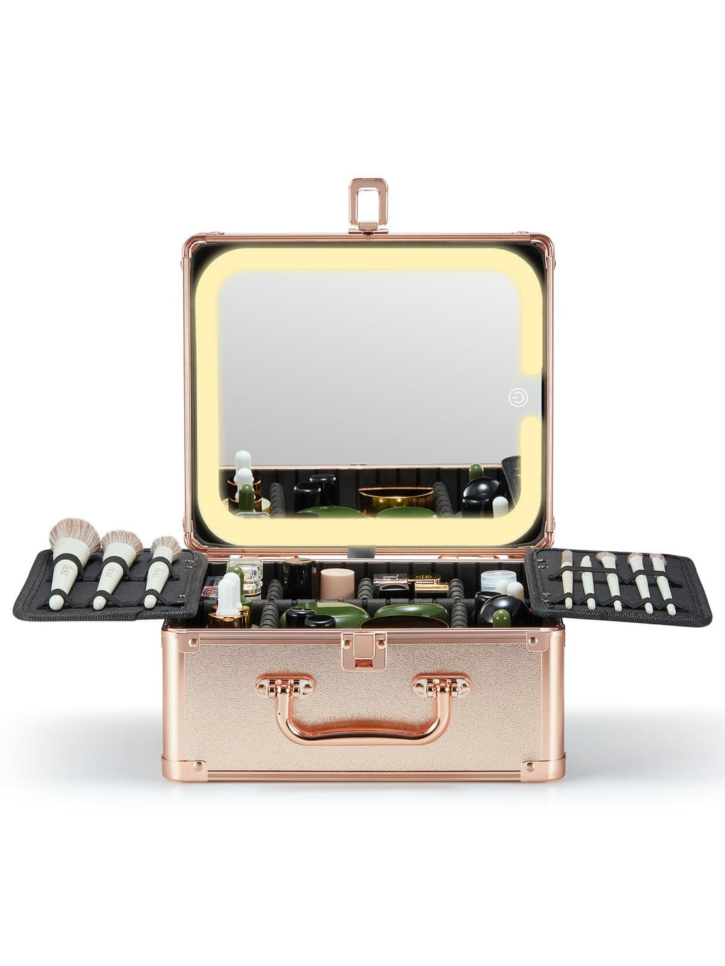Qislee Makeup Box with A Detachable Lighted Mirror, Waterproof Travel Train Case, Cosmetic Organizer and Makeup Suitcase with Adjustable Dividers, Magnetic LED Mirror(Rose Gold)