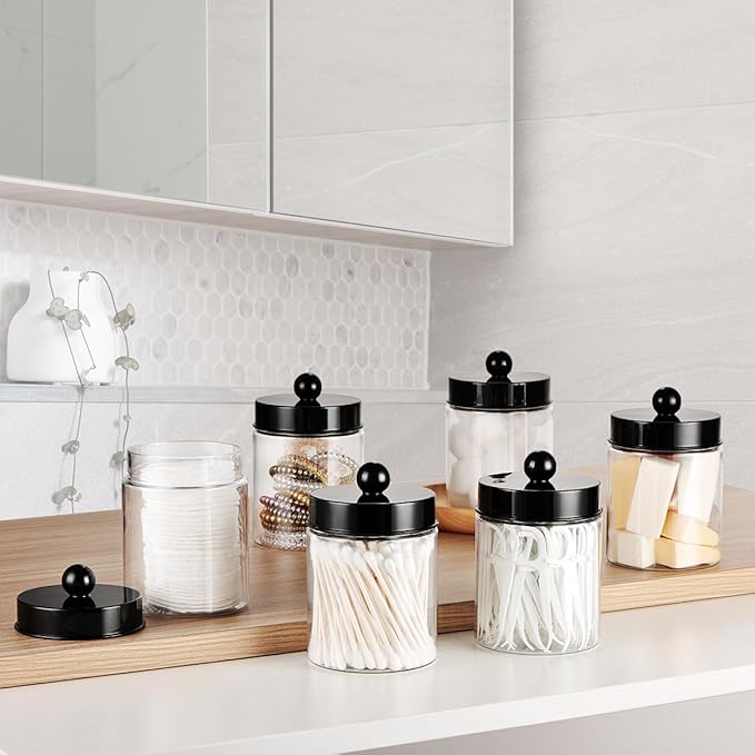 6 Pack Qtip Holder Dispenser - Acrylic Apothecary Jars with Lids for Bathroom Plastic Vanity Storage Accessories, Countertop Organizers Farmhouse Decor Canister for Cotton Swabs,Makeup Sponges