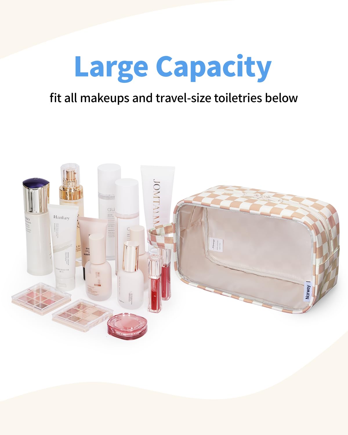 Narwey Clear Toiletry Bags for Traveling Women Men, Clear Travel Bags for Toiletries Makeup Bag Cosmetic Bag with Zipper, Make Up Organizer, Skincare Bag (Light Brown Checkerboard)