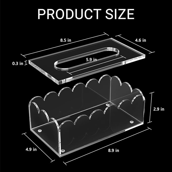 LUGUNU Clear Acrylic Tissue Box Cover Holder - Fits Standard Tissue Boxes, 8mm Thick Lid & Non-Slip Design, Rectangle Napkin Dispenser Organizer for Bathroom, Office, Kitchen (8.9x4.9x2.9in)