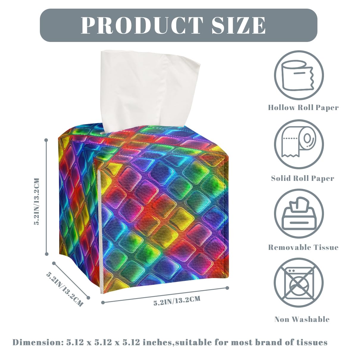 Rainbow Tissue Box Cover Neon Colorful Tiles Purple Blue Pink Square PU Leather Waterproof Tissue Box Holder for Bathroom Kitchen Bedroom Vanity Countertop Night Stands