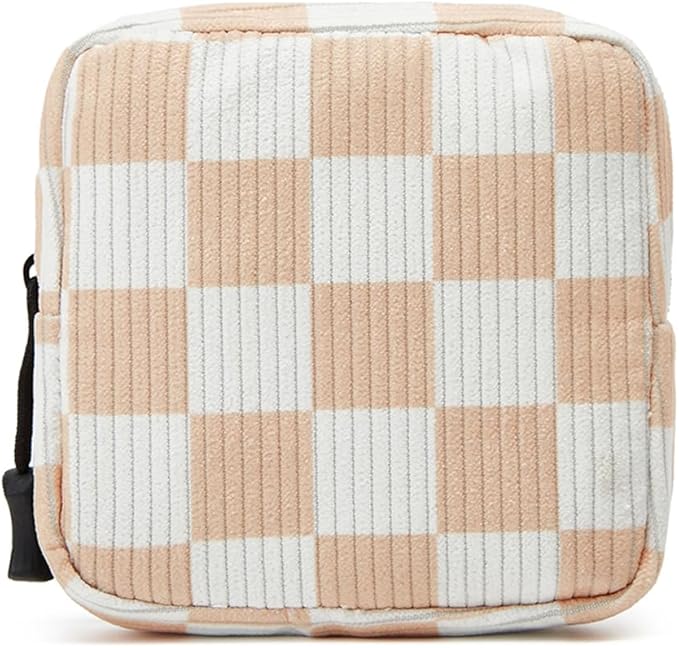 ZOEMTIU Small Makeup Bag for Purse,Mini Cosmetics Bag cute Zipper corduroy Cosmetic Pouch Storage Pouch Travel Toiletry Organizer for Women Girls(Checkered Orange)