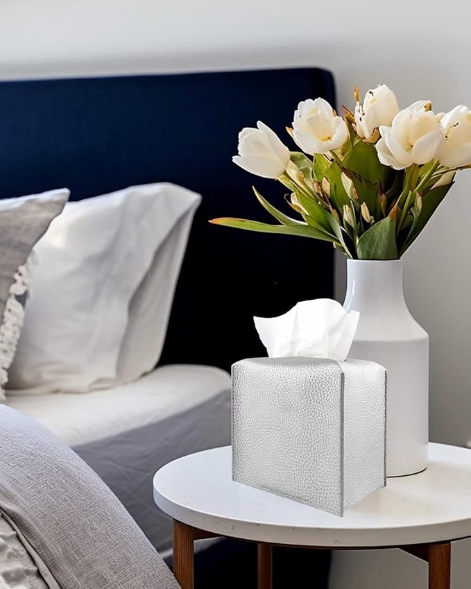 Silver Tissue Box Cover Leather – Square Tissue Box Holder with Bottom Belt by JESMINI, Modern PU Leather Cube Tissue Holder for Bathroom Vanity Countertop/Night Stands/Office