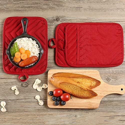 VEIKERY Oven Pot Holder with Pocket Cotton Heat Resistant Coaster Potholder Kitchen Hot Pad Oven Mitts for Cooking Square 7"x9"Set of 5 (Red)