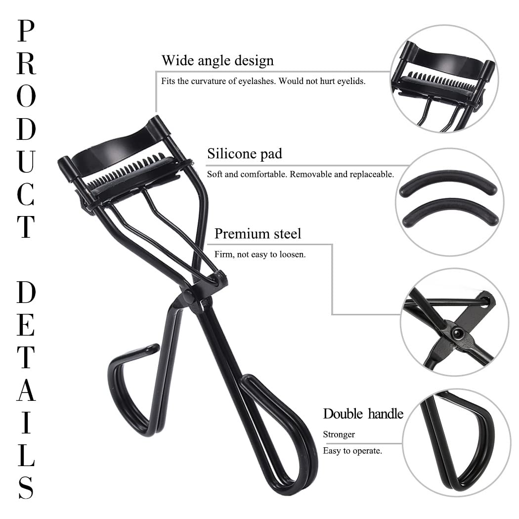 Uranian Eyelash Curlers with Built-in Comb Beauty Eyelashes Curlers Eyelash Cliper with 2 Replacement Silicone Refill Pads Premium Lash Curler Makeup Tool for Women and Girls (2 Black-Black Comb)