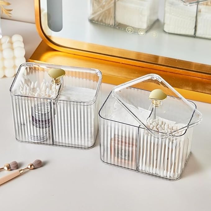 WIWIUXY Qtips Holder Bathroom Container,3-Section Cotton Ball/Swabs Dispenser,3 Grids Apothecary Jar Organizer, Cosmetics Storage for Vanity