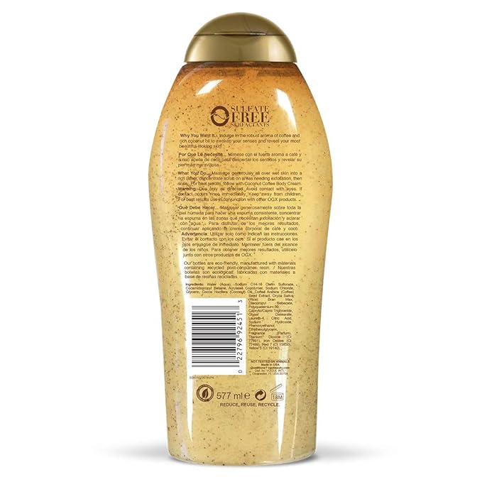 OGX Smoothing + Coconut Coffee Exfoliating Daily Body Scrub with Arabica Coffee & Coconut Oil, Hydrating & Moisturizing Body Wash for Dry Skin, Paraben-Free with Sulfate-Free Surfactants, 19.5 Fl Oz