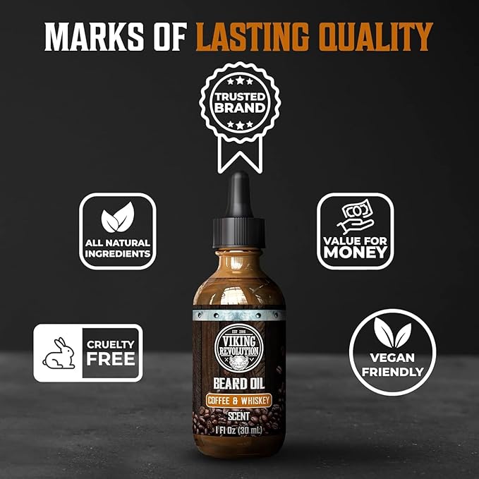 Viking Revolution Ultimate Conditioner for Men's Beard Grooming - Softens, Smoothes and Soothes - Contains Beard Wash and Conditioner (5oz Set), Beard Oil, Balm and Wooden Comb - Coffee Whiskey Scent
