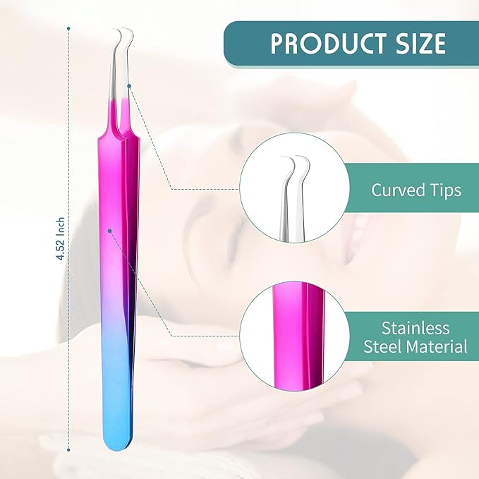 Honoson 3 Pcs Blackhead Tweezer Stainless Steel Pimple Tweezers Tool for Remove Zit Whitehead Pimple Bend Curved Extractor Tweezer Skin Blackhead Remover Tools(Rainbow Color)