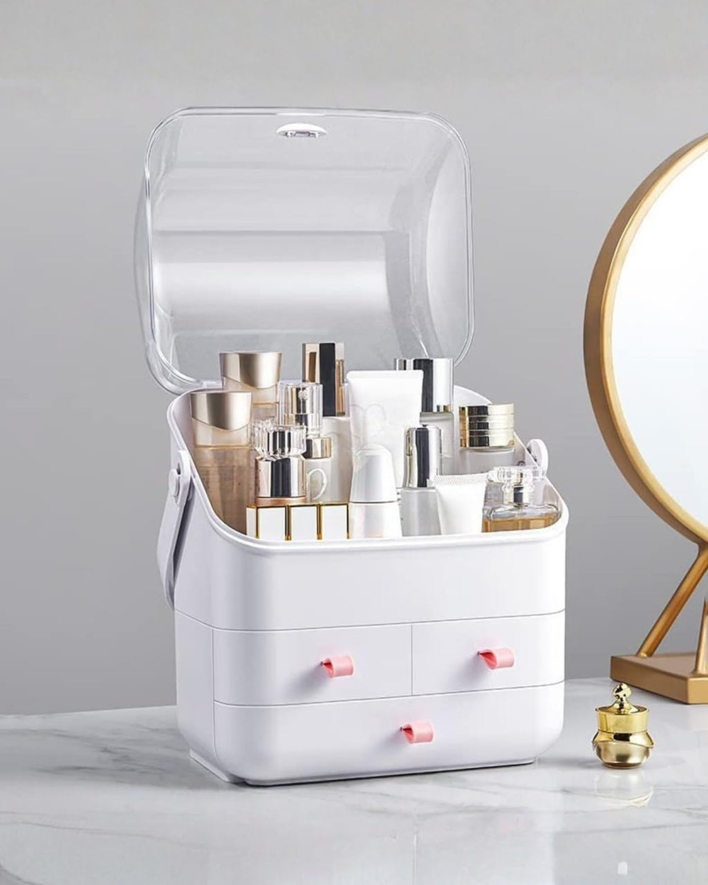 LINFIDITE Cosmetic Storage Box with Lid Makeup Organizer Box with Dust Free Cover Portable Handle,Large Makeup Display Case with Drawers Fully Open Lid,Great for Dresser Bathroom Countertop